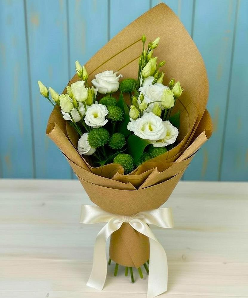 Букет цветов из: Хризантемы и Лизиантусы в Кикерино