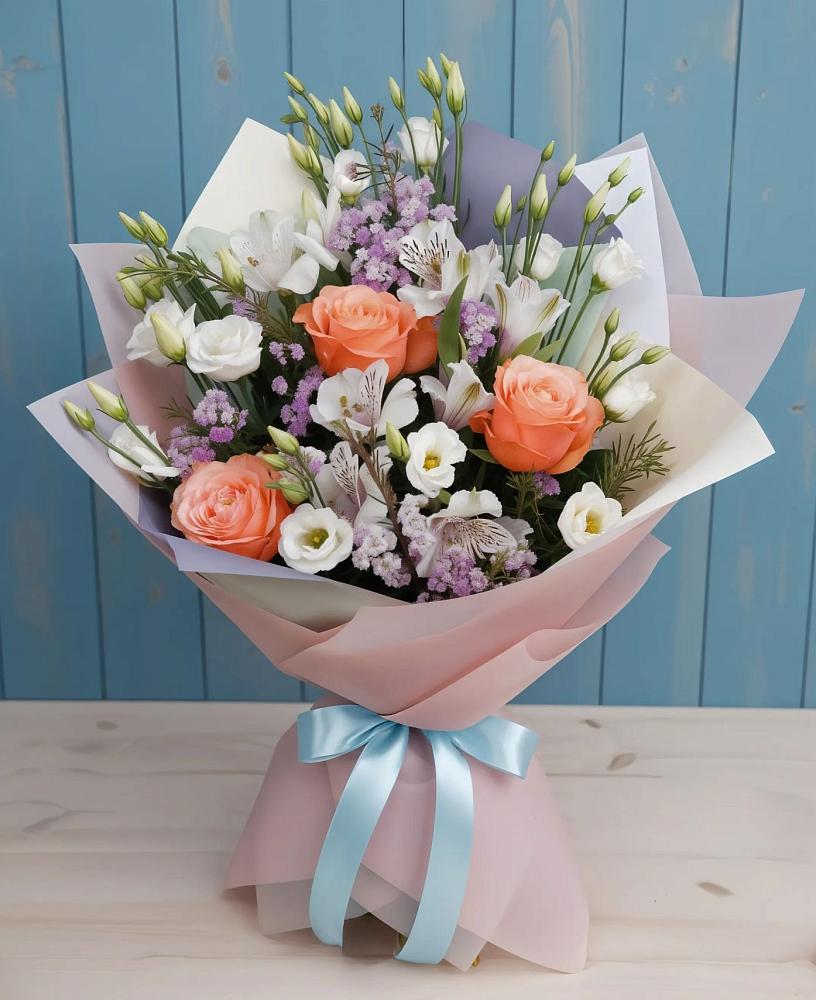 Букет цветов из: Лизиантусы, Розы, Альстромерии и Гипсофила в Кикерино