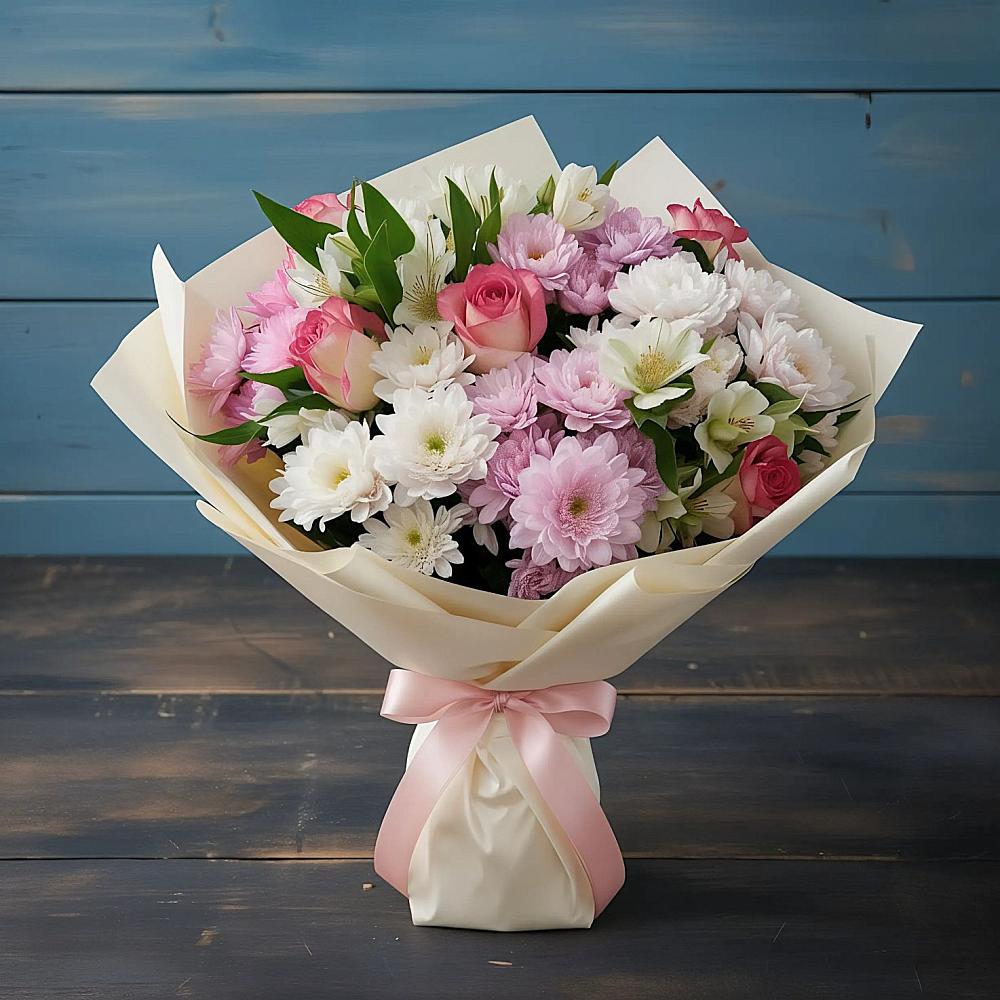 Букет цветов из: Хризантемы, Альстромерии и Розы в Кикерино